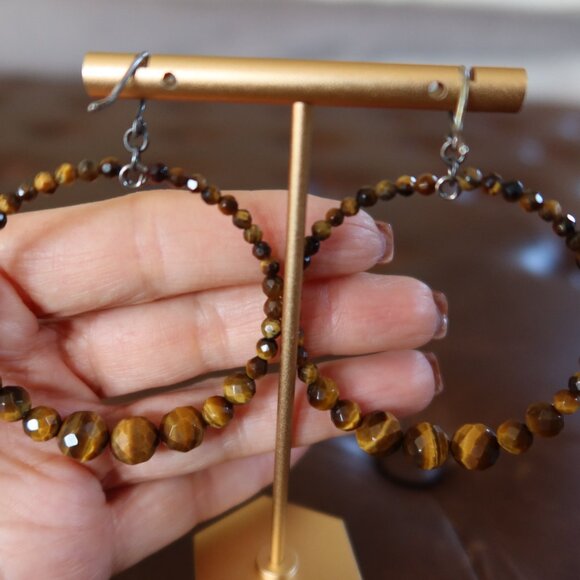 Chan Luu Tiger's Eye (70+) front facing hoops earrings 2" wide and long drops - Picture 4 of 13